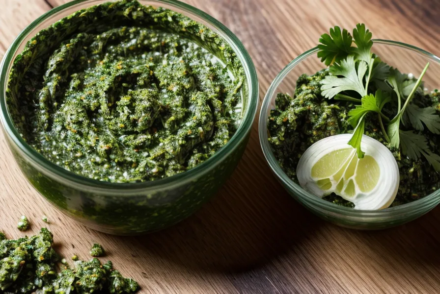 Chimichurri con ajo y cebolla crudos, alimentos prohibidos para perros que no deben caer cerca del plato de la mascota