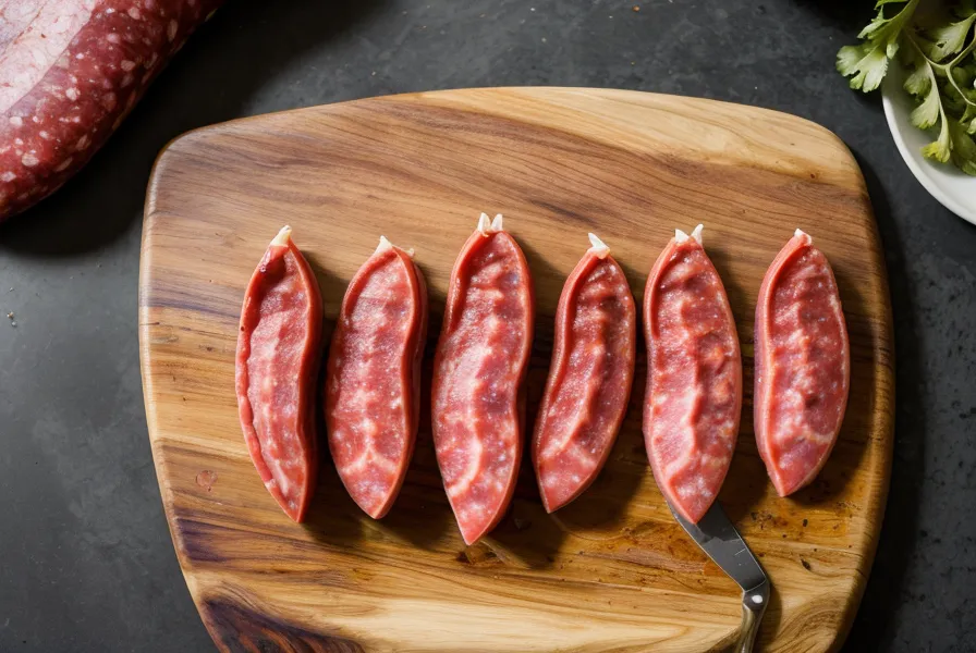 Chorizo mariposa recién abierto al medio sobre la tabla, listo para la parrilla de balcón