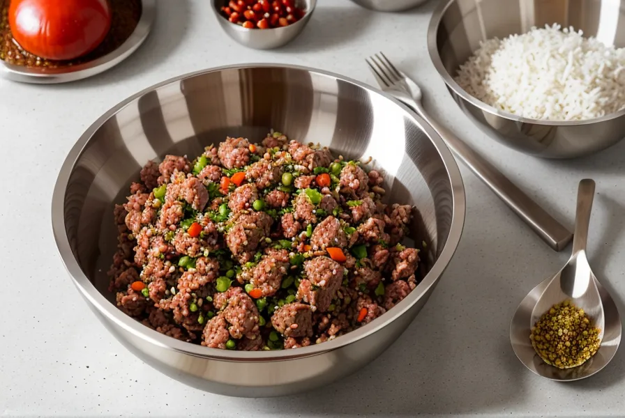 Mezcla de carne de cerdo y grasa para chorizo artesanal antes de embutir en la tripa
