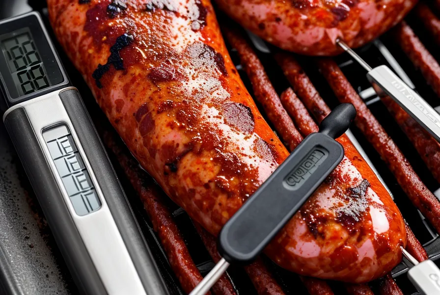 Termómetro de pinche midiendo la temperatura interna de un chorizo en la parrilla de balcón