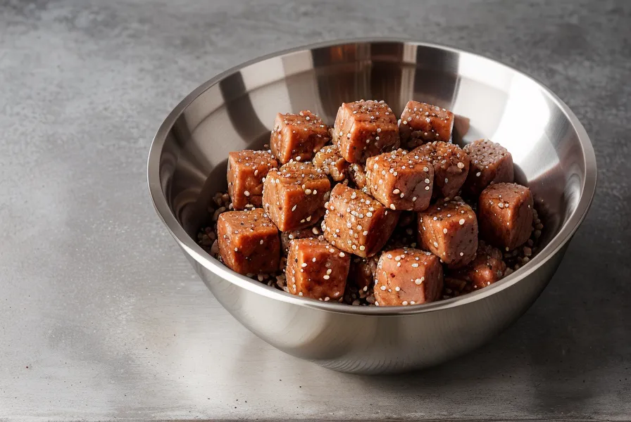 Mezcla de carne de cerdo y tocino con especias en un bol metálico, base de los chorizos artesanales