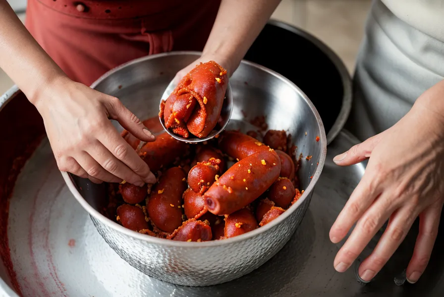 Manos trabajando la mezcla fría de carne para chorizos artesanales antes del embutido
