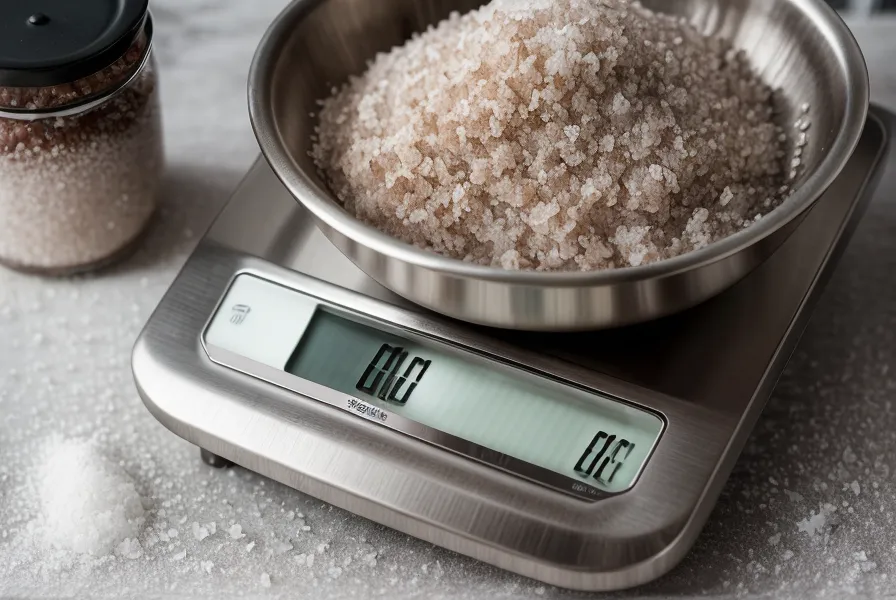 Balanza digital pesando la sal exacta para chorizos caseros, la regla del dos por ciento en embutidos artesanales