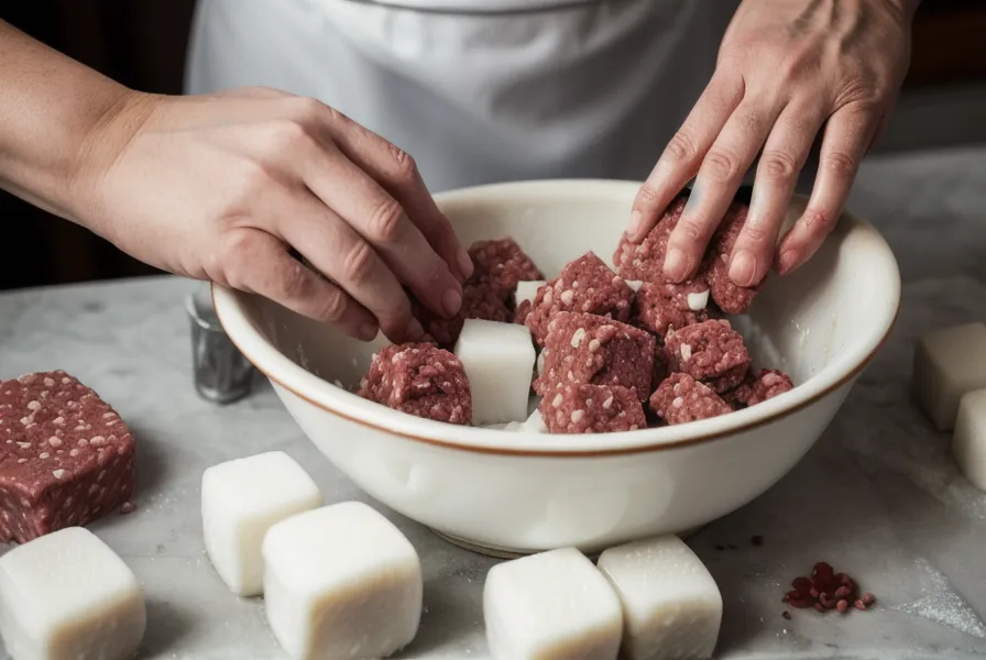 Manos amasando carne de cerdo y tocino fríos para lograr la ligazón en chorizos caseros de parrilla