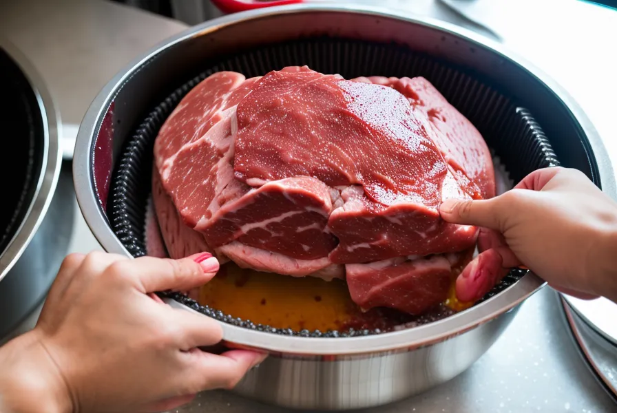Mezcla de carne de cerdo picada y especias en un bol de acero bien frío, lista para embutir