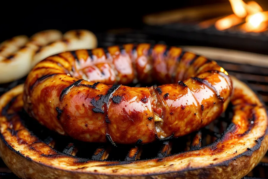 Chorizo parrillero casero cortado al medio, mostrando la proporción de carne de cerdo y grasa