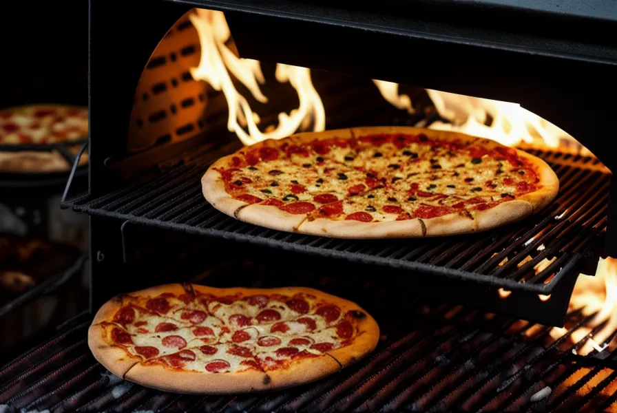 Pizza a la parrilla recién terminada en un balcón de noche, técnica de amasado y asado urbano