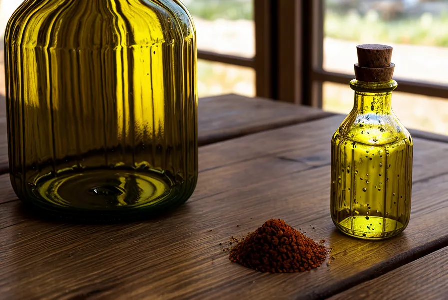Llenando la botella de vidrio con aceite y vinagre para el chimichurri tradicional de parrilla