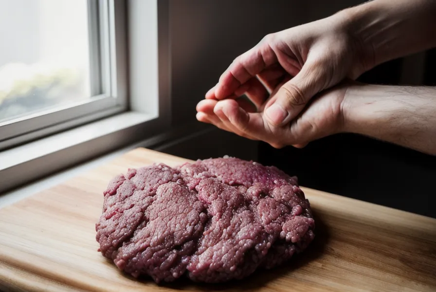 Manos moldeando un medallón de hamburguesa de 180 gramos con carne fría