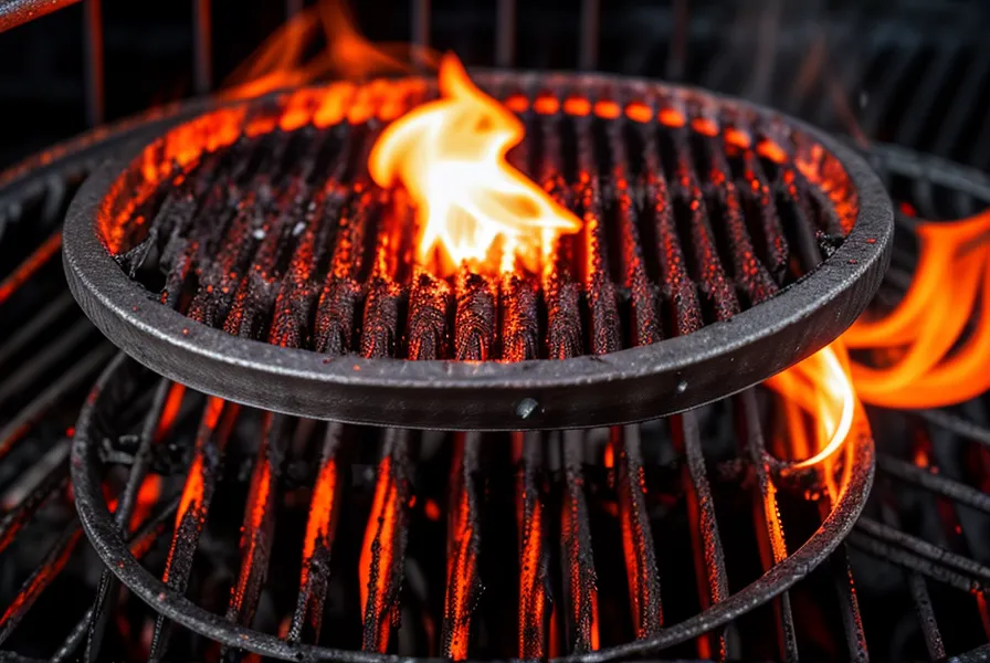 Brasas de carbón parejas bajo una parrilla de hierro ángulo, truco de asador para sostener el calor en un balcón chico