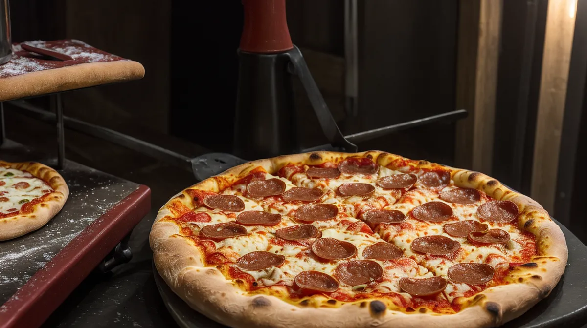Pizza a la parrilla con masa artesanal recién estirada sobre la parrilla de hierro, técnica parrillera de balcón