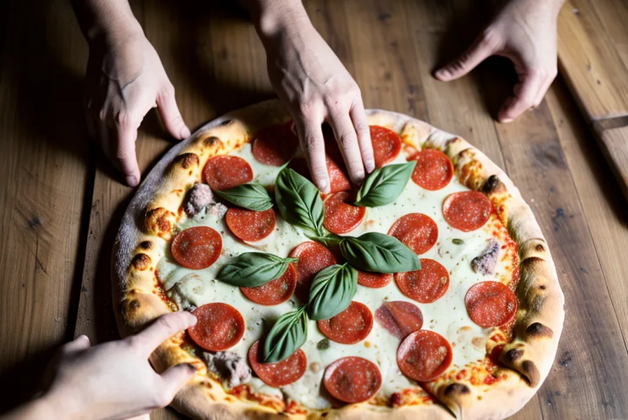 Manos con aceite de oliva estirando masa artesanal para pizza a la parrilla sobre la mesada