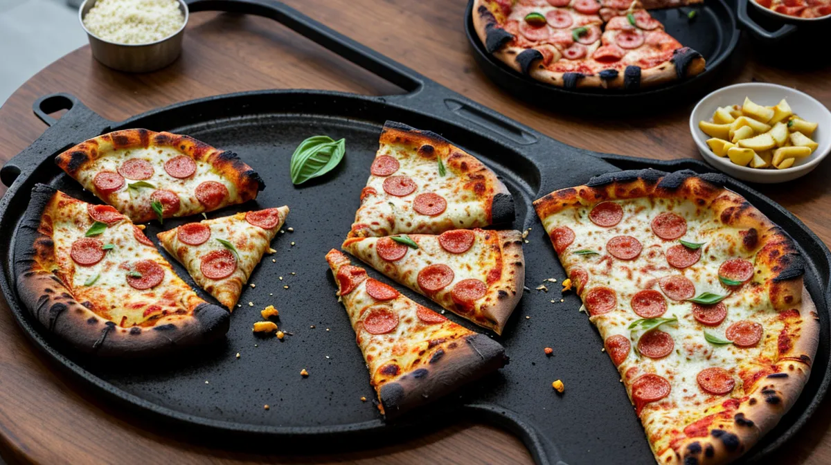 Pizza a la parrilla con masa crocante recién cortada en un balcón de Caballito