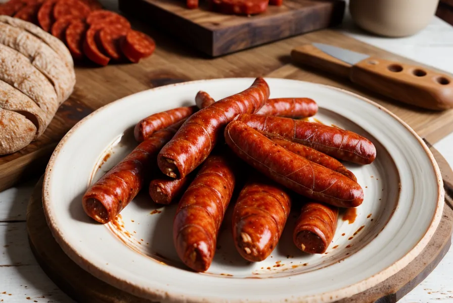 Chorizo casero desarmado en un plato, ejemplo de mala textura en embutidos caseros