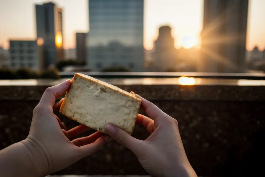 Textura del tofu ahumado lista para la parrilla tras el prensado casero en la cocina de balcón