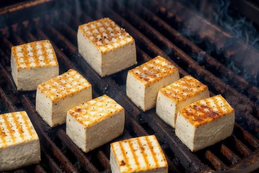 Rodajas de tofu ahumado dorándose sobre la parrilla de hierro en la cocina de balcón