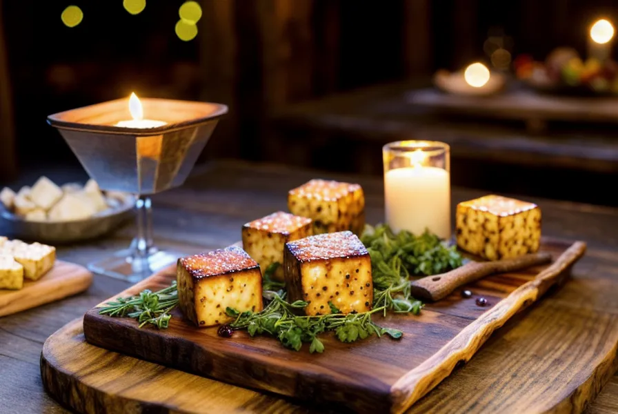 Tofu ahumado a la parrilla servido en tabla de madera para invitados vegetarianos