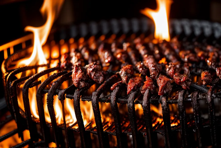Matambre vacuno cocinándose con la grasa hacia abajo, técnica de cocción lenta en la parrilla