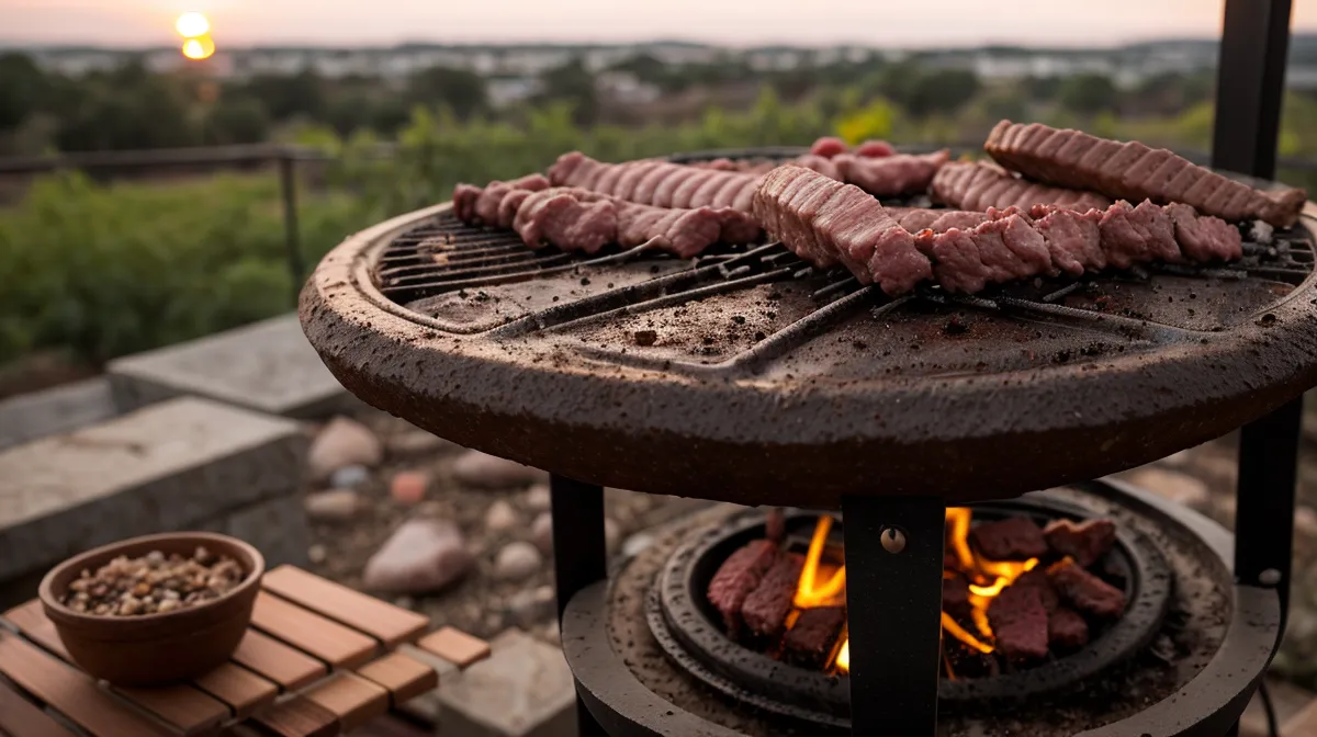Parrilla de hierro después del asado, lista para la limpieza y el mantenimiento del hierro
