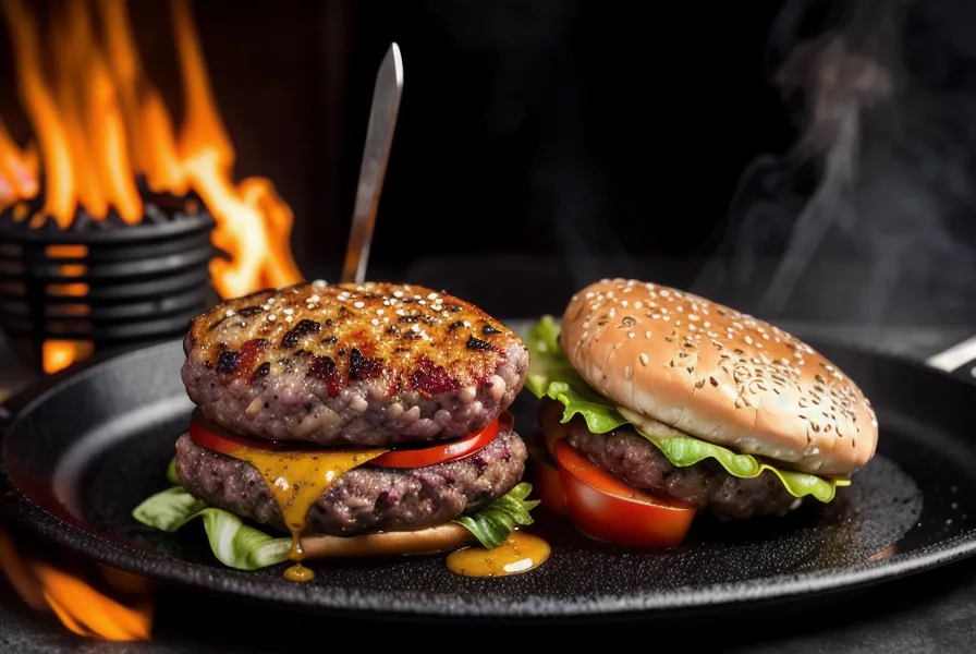 Hamburguesa casera sellada en la parrilla de hierro con la grasa de la mezcla goteando