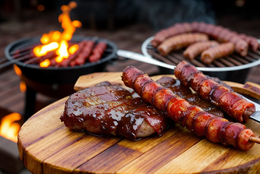 Asado urbano servido en tabla de madera sobre la baranda de un departamento