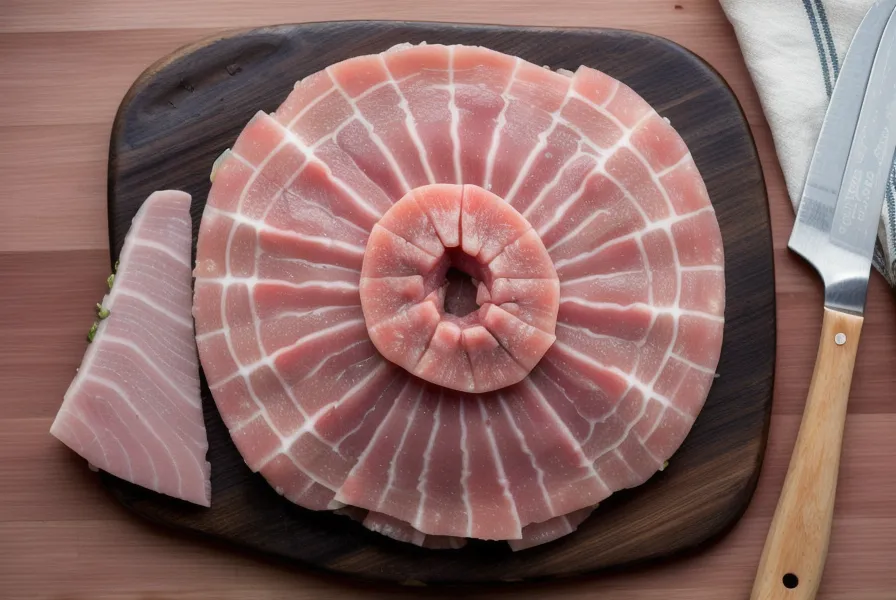 Pechito de cerdo con manta crudo sobre tabla de madera, uno de los cortes de cerdo más económicos
