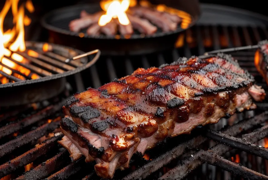 Costillas de cerdo dorándose en la parrilla argentina con humo de carbón