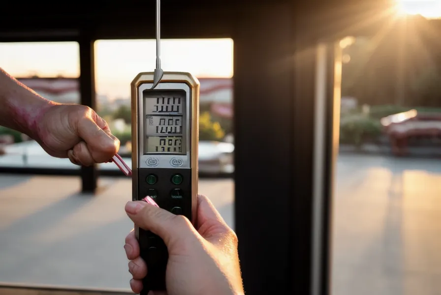 Termómetro digital marcando la temperatura de seguridad del cerdo en la parrilla durante el asado