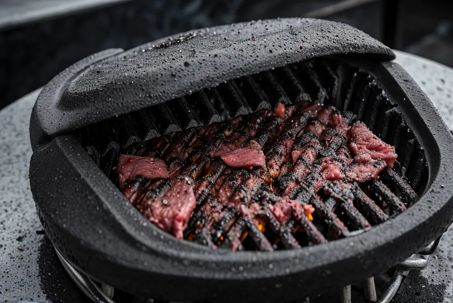 Demasiados cortes de carne juntos en una parrilla pequeña de balcón, sin espacio para el aire caliente