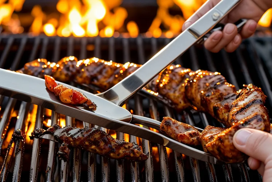 Pinzas de asado sujetando un chorizo sobre una parrilla con brasas calientes.