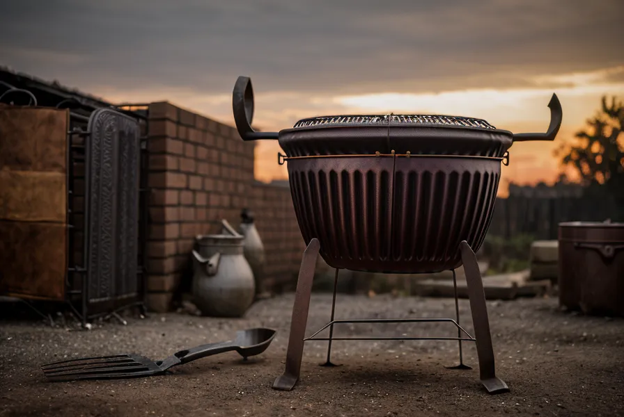 Atizador y pala de hierro para asado apoyados en la pared de un balcón.