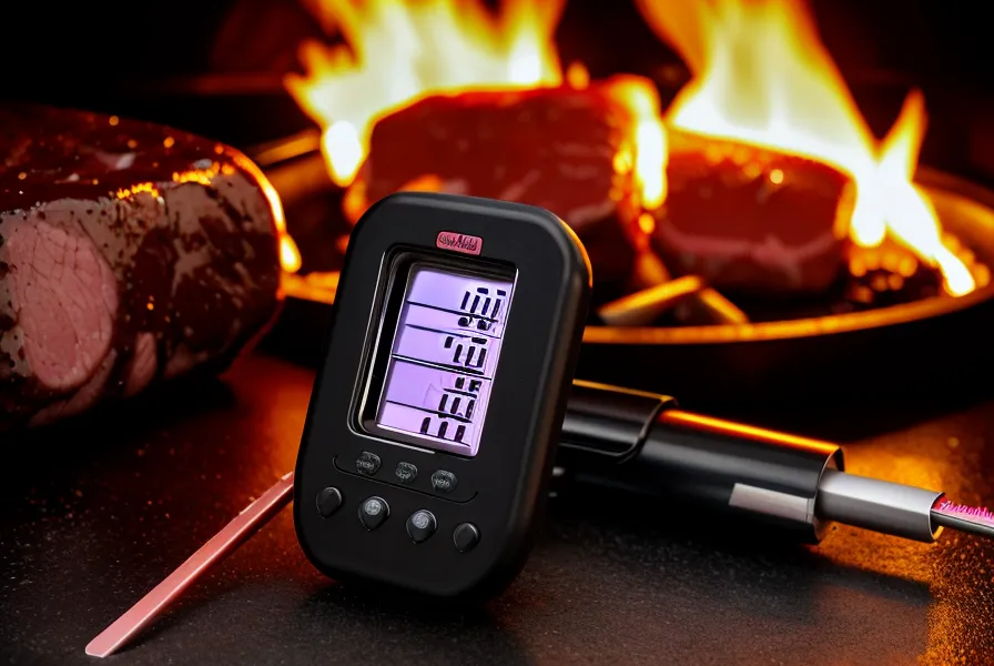 Termómetro digital midiendo la temperatura de un matambre de cerdo en la parrilla.