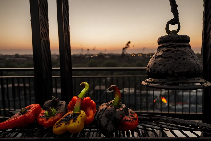 morrones con la piel ampollada y negra sobre los fierros de una parrilla vegetal