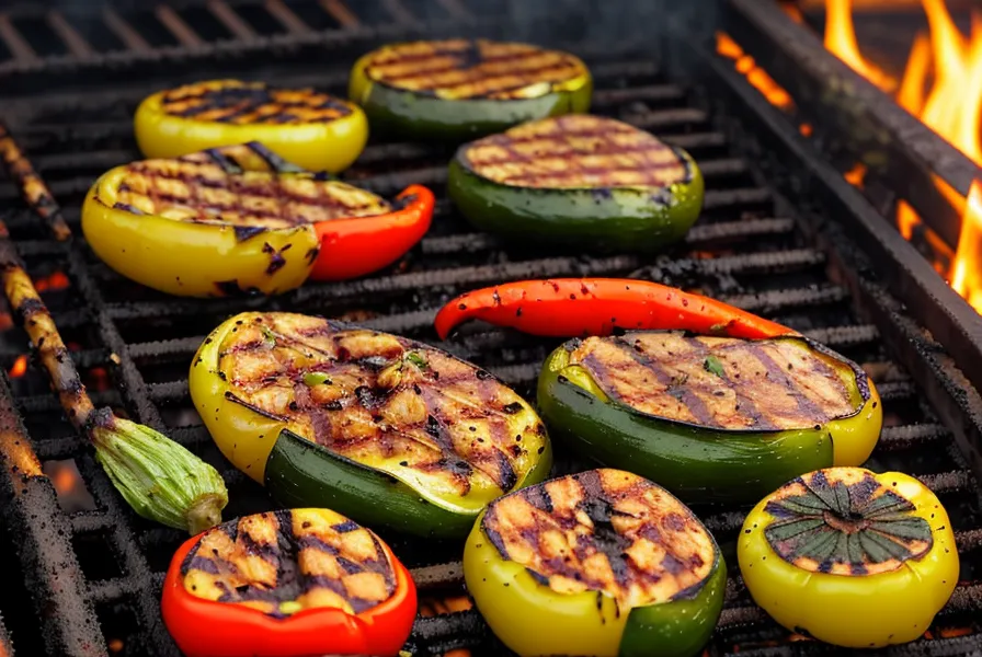 Primer plano de vegetales variados asándose con marcas de parrilla y brasas debajo.