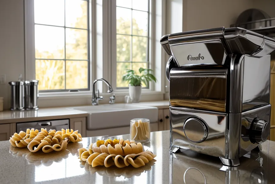 Máquina de pasta manual estirando una lámina de masa fresca en la cocina del emprendimiento gastronómico familiar.