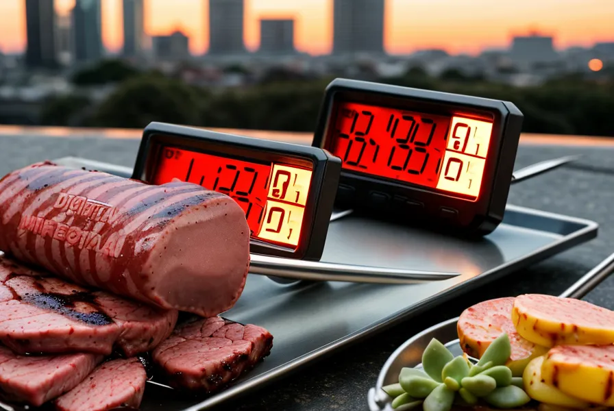 Termómetro de cocina apoyado sobre una bondiola de cerdo a la parrilla para controlar el punto de cocción