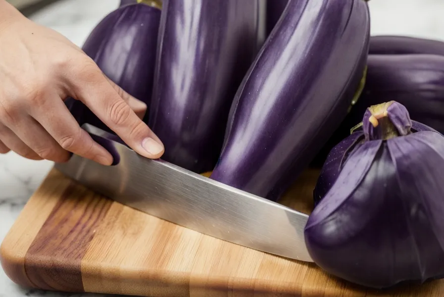 Berenjenas cortadas en tabla de madera, listas para el escabeche casero que acompaña el asado.