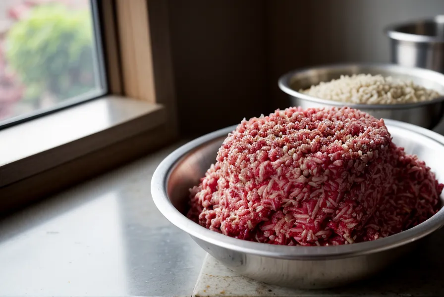 Mezcla de carne de cerdo y grasa en proporción para chorizos parrilleros caseros, charcutería artesanal en un bowl de acero.