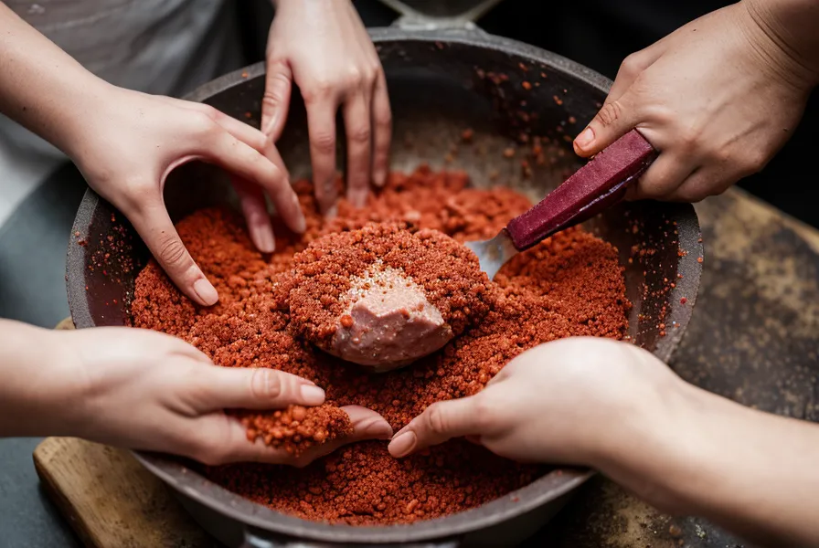 Manos amasando carne de cerdo con pimentón y especias para chorizos parrilleros de receta tradicional.
