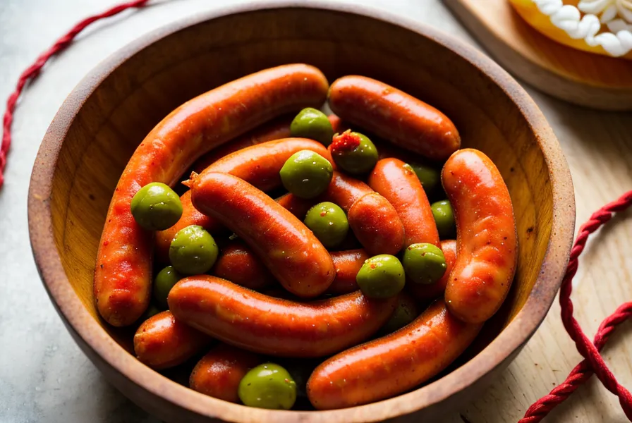 Chorizos parrilleros caseros recién condimentados y atados, receta tradicional de asado argentino, descansando sobre tabla de madera.