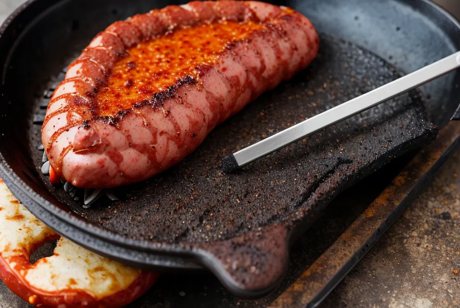 Termómetro digital controlando la temperatura interna de la carne, clave en la seguridad de las carnes