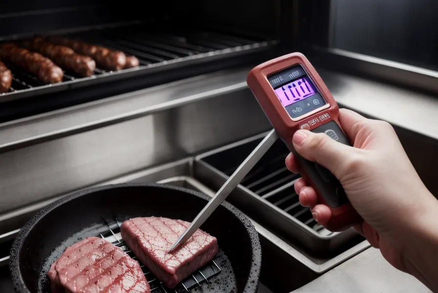 Termómetro digital midiendo la temperatura de la carne, una técnica de asado internacional en la parrilla