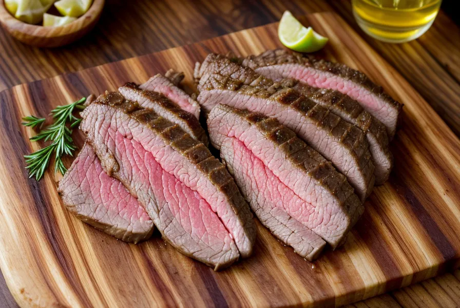 Carne lista sobre tabla de madera con Roque cerca de la parrilla