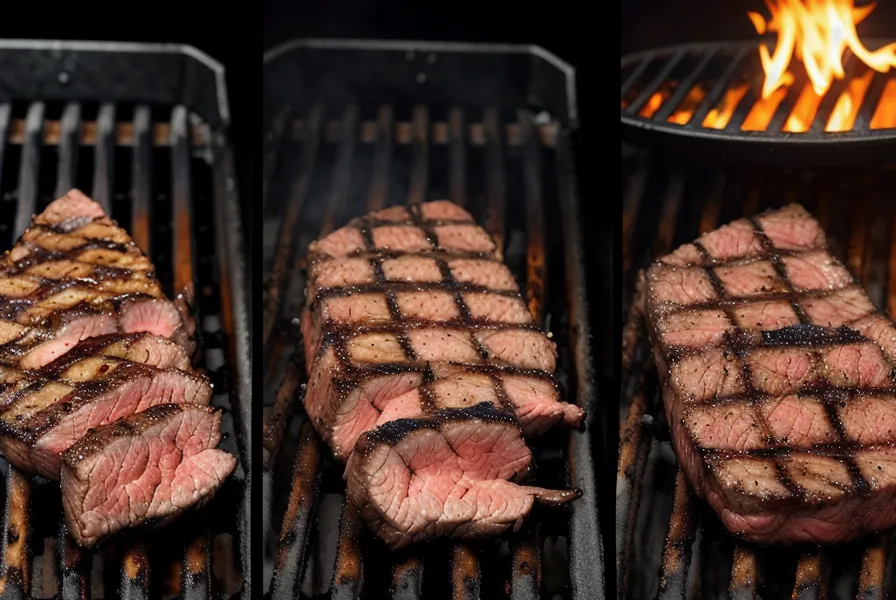 Comparación de dos tiras de asado en la parrilla, una con marinada líquida y otra con condimento seco